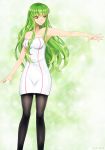  1girl armpits artist_request black_legwear blush c.c. code_geass green_hair highres long_hair open_mouth pantyhose shiny shiny_clothes solo standing yellow_eyes 