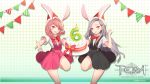  2girls animal_ears arm_up artist_request black_dress braid cake copyright_name dress elin_(tera) food grey_hair hat highres holding long_hair multiple_girls open_mouth outstretched_hand pink_dress pink_eyes pink_hair rabbit_ears shirt smile standing standing_on_one_leg tera_online twin_braids twintails very_long_hair 
