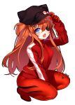 1girl :o absurdres adjusting_clothes adjusting_hat animal_ears animal_hat badge bangs between_legs black_hat blue_eyes blush bodysuit button_badge cabbie_hat cat_ears cat_hat evangelion:_3.0_you_can_(not)_redo eyepatch fake_animal_ears fang from_side full_body gendo0033 gloves hair_between_eyes hand_between_legs hand_up hat hat_ornament highres jacket long_hair long_sleeves looking_at_viewer neon_genesis_evangelion open_mouth orange_hair pilot_suit plugsuit rebuild_of_evangelion red_jacket shikinami_asuka_langley sidelocks signature simple_background single_vertical_stripe skull_print sleeves_past_wrists small_breasts solo souryuu_asuka_langley squatting tape track_jacket turtleneck two_side_up very_long_hair white_background 
