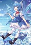  1girl alternate_costume blue_dress blue_eyes blue_hair bow cirno dress fairy_wings hair_bow highres huanghyy ice ice_wings open_mouth puffy_sleeves short_hair solo touhou wings 