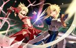  2girls armor battle blonde_hair braid breasts excalibur fate/apocrypha fate/grand_order fate_(series) green_eyes hirame_sa long_hair midriff mother_and_daughter multiple_girls navel ponytail saber saber_of_red smile sword under_boob weapon 