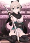  1girl anastasia_(idolmaster) barefoot black_legwear blue_eyes bow cherry_blossoms fate/grand_order fate_(series) feet hair_bow idolmaster idolmaster_cinderella_girls inoshira japanese_clothes katana kimono kneeling sakura_saber sakura_saber_(cosplay) sash short_hair short_kimono silver_hair smile solo sword thigh-highs toeless_legwear toeless_socks weapon 