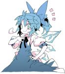  &gt;:) 1girl alternate_hairstyle blue_dress blue_eyes blue_hair blush bow bowtie breath cirno dress hair_bow hand_on_hip hand_on_own_chest ice ice_wings morino_hon ponytail puffy_short_sleeves puffy_sleeves short_sleeves simple_background smile solo touhou white_background wings 