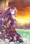  1girl detached_sleeves fingerless_gloves from_behind gloves hairband highres leotard long_hair pointy_ears purple_hair red_eyes solo sunset sword sword_art_online tailam weapon yuuki_(sao) 