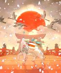  1boy 1girl amaterasu architecture bird bodypaint bridge clouds crane_(animal) east_asian_architecture highres issun namito no_humans ookami_(game) petals red_sun sun torii white_fur wolf 