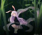 1girl animal_ears bamboo bamboo_forest blazer bunny_tail daidai_(nana1234567) forest jacket lavender_hair long_hair nature necktie purple_hair rabbit_ears red_eyes red_necktie reisen_udongein_inaba shirt skirt socks solo tail touhou 