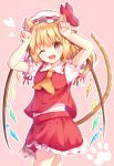  1girl animal_ears arms_up ascot bangs blonde_hair blush cat_ears cat_tail cowboy_shot eyebrows eyebrows_visible_through_hair flandre_scarlet hat hat_ribbon heart kemonomimi_mode looking_at_viewer mob_cap one_eye_closed paw_pose paw_print puffy_short_sleeves puffy_sleeves red_eyes red_ribbon red_skirt ribbon shiero. shirt short_sleeves side_ponytail simple_background skirt skirt_set smile solo tail touhou vest white_shirt wings 