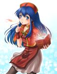  1girl blue_background blue_eyes blue_hair blush book capelet cowboy_shot dress fire fire_emblem fire_emblem:_fuuin_no_tsurugi hat holding holding_book jewelry lilina long_hair open_mouth pantyhose skirt solo soyo2106 