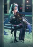  1girl boots detached_sleeves gloves goggles goggles_on_head hatsune_miku headset high_heels instrument kake_(kuromitsu) keyboard_(instrument) long_hair looking_at_viewer microphone necktie skirt solo stairs thigh-highs thigh_boots twintails very_long_hair vocaloid 