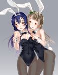  2girls animal_ears bare_shoulders blue_hair blush brown_eyes brown_hair bunny_girl bunny_tail bunnysuit covered_navel hair_ribbon hairband highres long_hair love_live!_school_idol_project minami_kotori multiple_girls one_side_up open_mouth pantyhose rabbit_ears ribbon sonoda_umi tail tears tomiwo wrist_cuffs yuri 