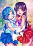  2girls :d bishoujo_senshi_sailor_moon black_hair blue_bow blue_eyes blue_hair blue_skirt blush bow brooch choker cowboy_shot ear_studs earrings elbow_gloves gloves hino_rei inner_senshi jewelry long_hair looking_at_viewer magical_girl mizuno_ami multicolored_background multiple_girls open_mouth pleated_skirt purple_bow red_skirt sailor_collar sailor_mars sailor_mercury sailor_senshi short_hair signature skirt smile star star_earrings super_sailor_mars super_sailor_mercury tabby_chan tiara violet_eyes watermark web_address white_gloves 