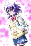  1girl backpack bag blush bow cowboy_shot cyclops manako monster_girl monster_musume_no_iru_nichijou one-eyed purple_hair s-now school_uniform signature skirt solo sweatdrop thigh-highs violet_eyes younger zettai_ryouiki 