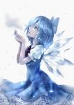  1girl blue_bow blue_dress blue_eyes blue_hair blue_nails bow cirno commentary_request crying crying_with_eyes_open dress hair_bow highres ice ice_wings kyogoku-uru looking_up nail_polish neck_ribbon pale_skin profile puffy_short_sleeves puffy_sleeves red_ribbon ribbon short_hair short_sleeves smile solo tears touhou upper_body wing_collar wings 
