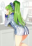  1girl ass back c.c. code_geass creayus employee_uniform green_hair high_ponytail lawson long_hair ponytail skirt solo uniform 