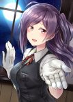  1girl ahoge brown_eyes gloves hagikaze_(kantai_collection) highres kamelie kantai_collection long_hair moon neck_ribbon night night_sky open_mouth purple_hair red_ribbon ribbon school_uniform side_ponytail sky smile solo star_(sky) starry_sky vest white_blouse white_gloves window 