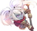  1girl armor blue_skin brown_gloves gloves league_of_legends long_hair non_(nonzile) open_mouth pointy_ears poppy solo twintails violet_eyes weapon white_background white_hair yordle 
