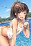  1girl bent_over bikini_bottom blush brown_eyes brown_hair camisole clouds highres i-401_(kantai_collection) ichikawa_feesu kantai_collection long_hair ocean open_mouth outdoors ponytail sky smile solo water wet wet_clothes 