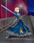  1girl akira_(5888172) armor armored_dress blonde_hair boots bridge dress error excalibur fate/stay_night fate_(series) fence green_eyes highres lamppost railing saber serious solo sword weapon 