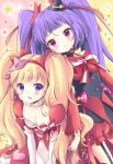  2girls asahina_mirai bare_shoulders blonde_hair bow bracelet breasts choker cleavage cure_magical cure_miracle hair_bow hat heart highres izayoi_liko jewelry kuune_rin long_hair magical_girl mahou_girls_precure! mini_hat mini_witch_hat multiple_girls pink_eyes precure purple_hair ruby_style signature smile star twintails violet_eyes witch_hat 