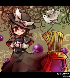  1girl bird brown_eyes brown_hair capelet chair dr.latency&#039;s_freak_report english glasses hat hat_ribbon heterochromia long_sleeves pigeon pote_(ptkan) red-framed_glasses ribbon shirt skirt smile solo touhou usami_renko usami_renko_(cosplay) usami_sumireko 