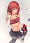  1girl bandeau black_legwear bow breasts cleavage clothes_writing collarbone confetti elbow_gloves english fingerless_gloves gloves groin headset leaning_forward love_live!_school_idol_project microphone midriff mismatched_legwear navel nishikino_maki open_mouth orange_hair parfaitlate pleated_skirt short_hair simple_background skirt solo star strapless thigh-highs tubetop violet_eyes white_gloves white_legwear 