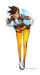  1girl bomber_jacket brown_eyes brown_hair gloves goggles jacket leaning_forward legs long_legs looking_to_the_side overwatch short_hair smile solo sungwon thighs tracer_(overwatch) 