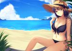  1girl against_tree arm_at_side bare_legs bikini black_bow blue_eyes blue_sky bow breasts brown_hat bush cleavage closed_mouth coast collarbone dagashi_kashi dappled_sunlight grass hat hat_bow highres horizon island knee_up large_breasts looking_at_viewer navel ocean palm_tree plant pulled_by_self purple_bikini purple_hair purple_ribbon ribbon rumaki sand shidare_hotaru short_hair sitting sky smile solo stomach strap_pull straw_hat summer sunlight swimsuit tree water 