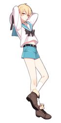  1boy belt blonde_hair blush ensemble_stars! hat hat_removed headwear_removed male_focus midriff navel nito_nazuna sailor sailor_collar sailor_hat short_hair short_shorts shorts solo 