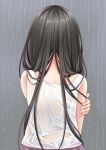  1girl back bare_shoulders black_hair creek_(moon-sky) from_behind highres long_hair nape original rain see-through solo wet wet_clothes 