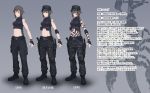  1girl bare_shoulders baseball_cap black_hair boots braid camouflage elbow_pads fingerless_gloves gloves hat helevu hetza_(hellshock) knee_pads knife long_hair midriff multiple_views muscle navel original red_eyes single_braid sleeveless tattoo toned translated turtleneck variations 