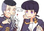  2boys ? anchor_symbol black_hair dollar_sign facial_scar food higashikata_jousuke jojo_no_kimyou_na_bouken misha_(hoongju) multiple_boys nijimura_okuyasu pasta pompadour spaghetti violet_eyes 