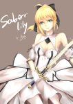  1girl 2015 absurdres ahoge artist_name artist_request blonde_hair breasts caliburn character_name cleavage dated detached_sleeves dress fate/unlimited_codes fate_(series) gloves green_eyes highres saber saber_lily smile solo sword weapon 