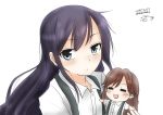  2girls arashio_(kantai_collection) artist_name asashio_(kantai_collection) black_hair blue_eyes brown_hair commentary_request dated doll kantai_collection long_hair looking_at_viewer multiple_girls open_mouth rakisuto1 school_uniform serafuku simple_background suspenders upper_body white_background 