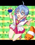  1girl :d ^_^ ahoge blue_eyes blue_hair blush bow closed_eyes dress frog_print hair_bow jewelry jumping kero_kero_chime low_twintails mimori_(kero_kero_chime) necklace nitizyo open_mouth pendant sandals smile solo thighs toes twintails 