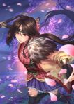  1girl blue_skirt braid brown_hair cherry_blossoms highres japanese_clothes katana long_hair md5_mismatch ouka_(toukiden) ponytail red_eyes side_braid skirt solo sword toukiden very_long_hair w_rong weapon 