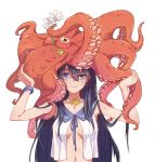  1girl animal animal_on_head bangs black_hair blue_eyes blue_ribbon bracelet breasts carrying_overhead catin closed_mouth eyebrows eyebrows_visible_through_hair flower hair_between_eyes hands_up holding holding_flower jewelry long_hair nail_polish no_bra octopus open_clothes open_shirt original ribbon school_uniform serafuku shell_necklace shirt simple_background sleeveless smile solo starfish uneven_eyes upper_body white_background white_flower 