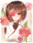  1girl brown_eyes brown_hair flower frame highres hyuuga_(kantai_collection) kantai_collection looking_at_viewer nontraditional_miko nora_(salatto) one_eye_covered short_hair solo 