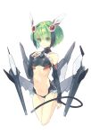  1girl android bare_shoulders black_hair breasts cropped_legs dimension_w elbow_gloves fingerless_gloves frills gloves green_eyes green_hair hand_on_own_chest headgear highres looking_at_viewer machinery multicolored_hair navel primrose short_hair simple_background smile solo streaked_hair tail two-tone_hair white_background yurizaki_mira 