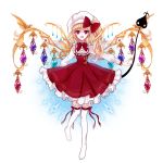  1girl ascot blonde_hair bow crycadia crystal flandre_scarlet full_body hat hat_bow hat_ribbon laevatein long_sleeves looking_at_viewer mob_cap open_eyes open_mouth puffy_sleeves red_eyes ribbon side_ponytail simple_background solo touhou transparent_background wings 