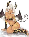  1girl arm_support armlet bangs barefoot black_bra black_gloves black_panties blush bra bracelet breasts bridal_gauntlets cleavage collar collarbone dark_skin demon_girl demon_tail demon_wings elbow_gloves fangs gloves head_tilt horns jewelry kneehighs large_breasts long_hair looking_at_viewer navel on_ground open_mouth original panties pointy_ears red_eyes rudowa simple_background sitting smile solo tail toeless_legwear toeless_socks toes underwear underwear_only white_background white_hair wings 