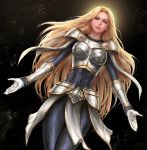  1girl armor backlighting belt black_background blonde_hair blue_eyes bodysuit boobplate bracer breastplate covered_navel dutch_angle gauntlets gloves highres league_of_legends loincloth long_hair looking_at_viewer luxanna_crownguard outstretched_arms simple_background solo very_long_hair white_gloves yy6242 