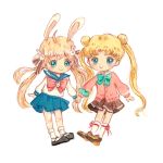  2girls animal_ears bishoujo_senshi_sailor_moon blonde_hair bunny_hair_ornament carrie_luk cosplay costume_switch crossover double_bun green_eyes hair_ornament holding_hands look-alike multiple_girls pleated_skirt rabbit_ears sailor_moon school_uniform serafuku shironeko_project skirt smile sweater trait_connection tsukimi_(shironeko_proect)_(cosplay) tsukimi_(shironeko_project) tsukino_usagi tsukino_usagi_(cosplay) twintails white_background 