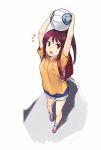  /\/\/\ 1girl backpack bag ball carrying_overhead denchuubou denim denim_shorts foreshortening full_body hood hoodie looking_at_viewer open_mouth original ponytail purple_hair red_eyes shoes short_hair shorts soccer_ball socks solo sweater white_background 