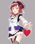 1girl :d apron artist_name breasts cleavage cowboy_shot garter_straps grey_background heart looking_at_viewer love_live!_school_idol_project maid maid_apron maid_headdress mogyutto_&quot;love&quot;_de_sekkin_chuu! nishikino_maki open_mouth outline over-kneehighs redhead simple_background smile solo sukaru573 thigh-highs violet_eyes white_outline wristband 