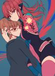  2girls aicedrop aiming aiming_at_viewer bangs brown_hair closed_mouth firing formal frown glasses green_eyes gun hand_on_another&#039;s_head headphones holding holding_gun holding_weapon hug katori_youko long_hair multiple_girls nail_polish red-framed_glasses red_eyes red_nails redhead short_hair signature somei_hana suit thigh-highs uniform unitard weapon world_trigger 