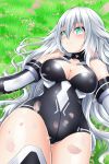  1girl aqua_eyes bangs black_heart breasts choujigen_game_neptune cleavage closed_mouth cowboy_shot detached_sleeves eyebrows eyebrows_visible_through_hair grass hair_between_eyes highres large_breasts leotard long_hair looking_at_viewer lying neptune_(series) noire oekakizuki on_back on_ground outdoors smile solo symbol-shaped_pupils thigh-highs very_long_hair white_hair 