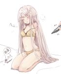  1girl bare_legs bare_shoulders blush bra drooling hair_down kantai_collection long_hair marker navel out_of_frame panties pink_hair rizzl saliva seiza signature simple_background sitting sleeping solo_focus underwear underwear_only very_long_hair white_background yellow_bra yellow_panties yura_(kantai_collection) 