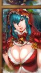  1girl against_window blue_eyes blue_hair breasts cleavage gloves highres hood huge_breasts league_of_legends mistletoe red_gloves silent_night_sona solo sona_buvelle tnwjd2tkfkd window 