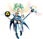  1girl angel_wings blue_eyes boots cyberstep double_bun green_hair official_art solo thigh-highs thigh_boots twintails wand wings 