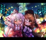  +++ 2girls :d blush bow brown_eyes brown_hair cape city_lights closed_eyes dress fujiwara_no_mokou glasses hair_bow hat hat_ribbon long_hair long_sleeves multiple_girls night one_eye_closed open_mouth pants pote_(ptkan) purple_dress red-framed_glasses ribbon shirt silver_hair smile suspenders touhou usami_sumireko very_long_hair 